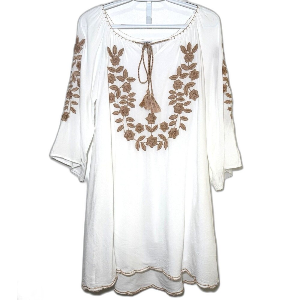 Chic Connection Embroidered Boho Peasant Dress Small Ivory Taupe Tassel Lined